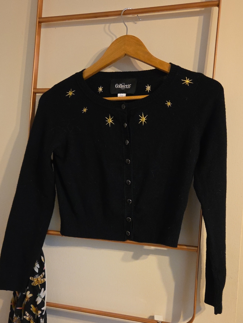 Collectif Black Cropped Cardigan with Gold Star Embroidery